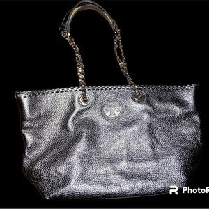 Tory Burch Gunmetal & Gold Pebbled Leather Shopper Tote 👜